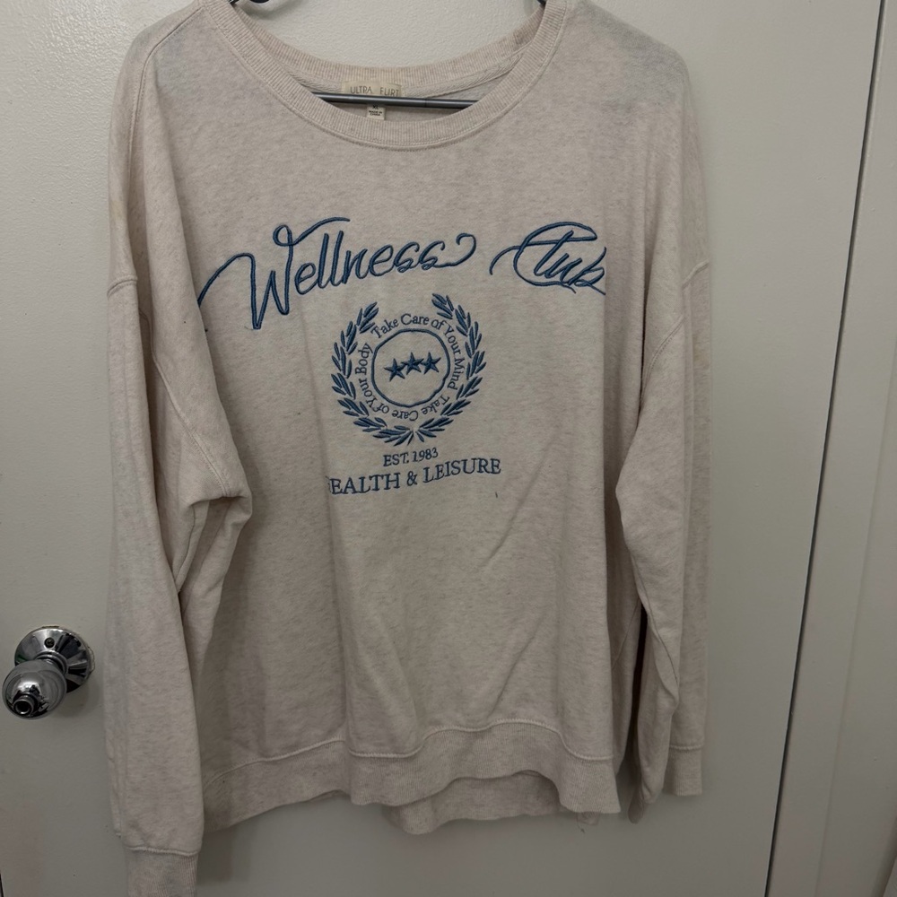 Wellness Club Sweatshirt Size XL Cream with Blue Print (has stains)
